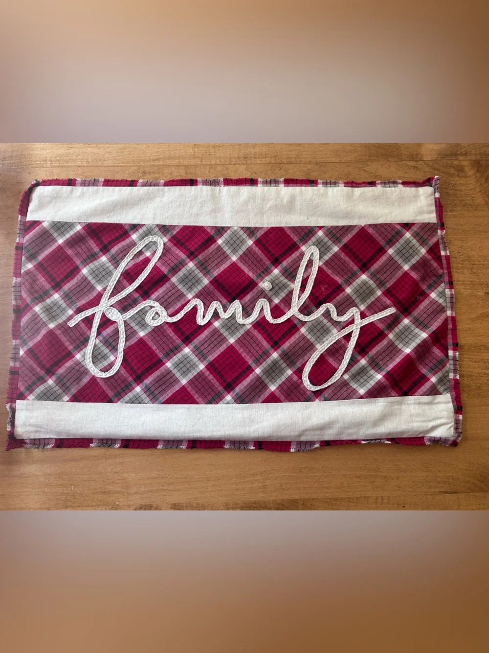 Pottery Barn “Family” Red, Taupe, Off-White Plaid  Pillow Cover w/Zipper Closure